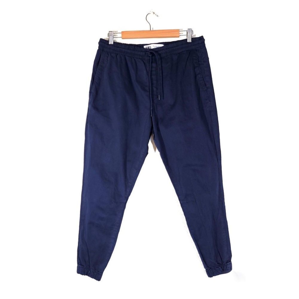 ZARA Man Slim Tapered Ankle Jogger Drawstring Pant in Navy Blue Mens Large